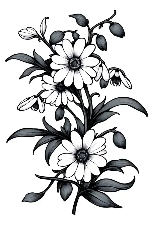 fine line simplistic vine with snowdrops and daisies intertwined  tattoo design idea