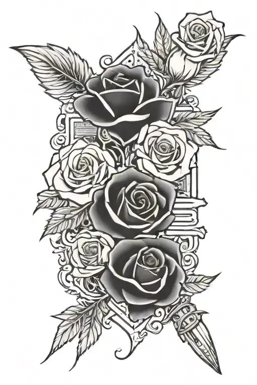 roses, bullets, cross and money in the back side tattoo design idea