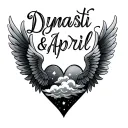 "Dynasti & April" "Dynasti & April" name in shape of heart with wings and clouds inside and stars tattoo design idea