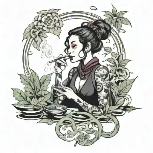 gothic woman smoking a blunt surrounded by weed tattoo design idea