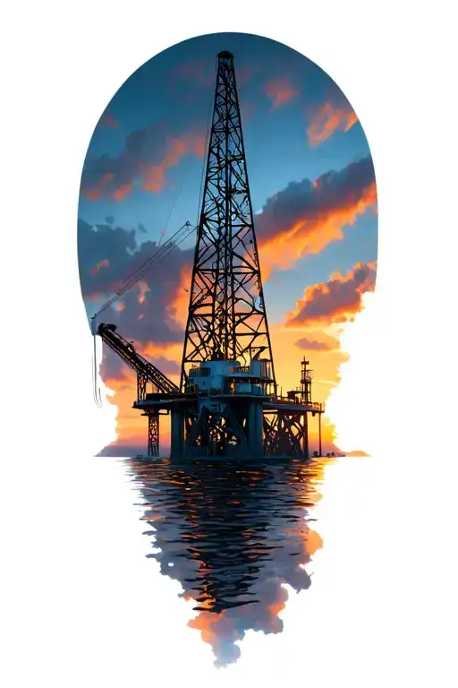 An oil rig positioned against a dramatic sunset sky, symbolizing your occupation in the oil and gas industry tattoo design idea