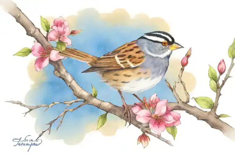 white-throated sparrow perched on a tree branch, small in scale to numerous other tree branches tattoo design idea