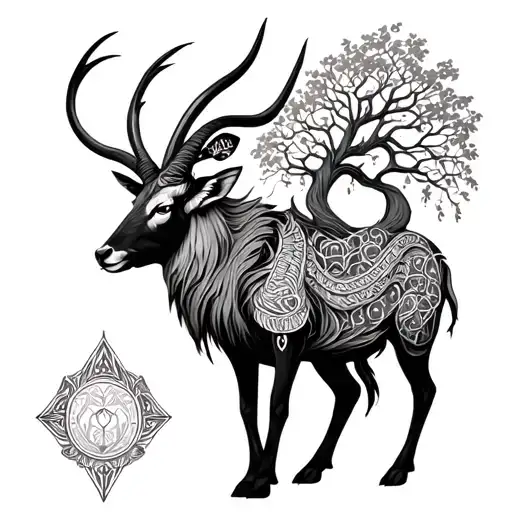 taurus, twin, ibex, tree of life, dragon wrapped tattoo design idea