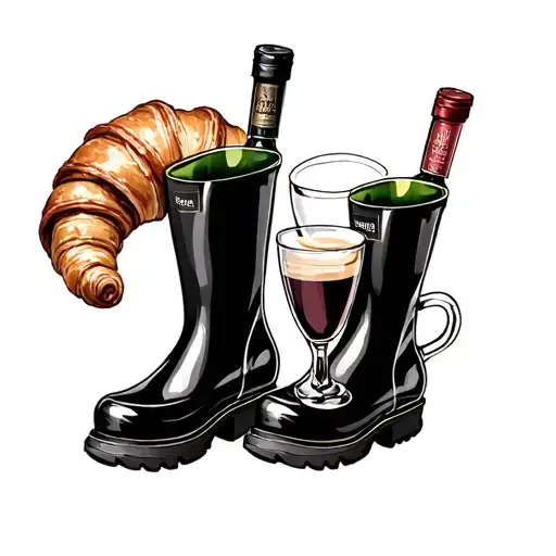 wine coffee croissants wellies tattoo design idea