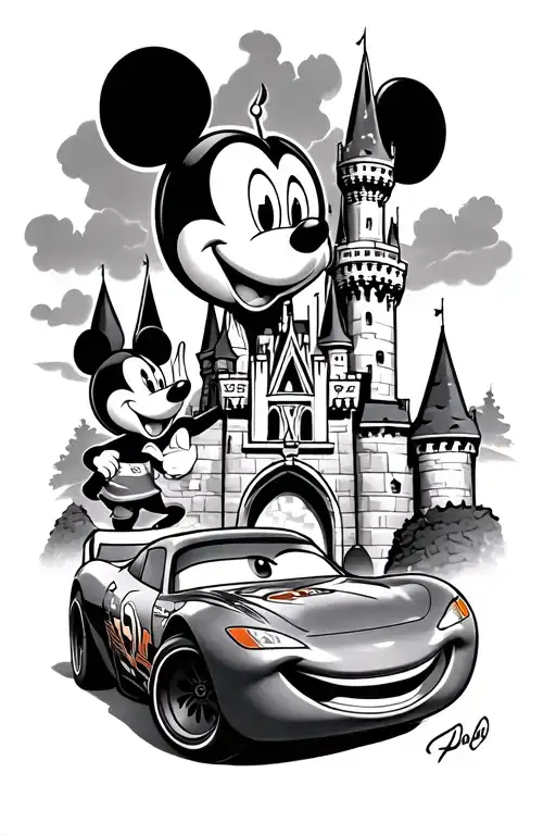 Disney castle with Minnie and Mickey and lighting McQueen and mater tattoo design idea