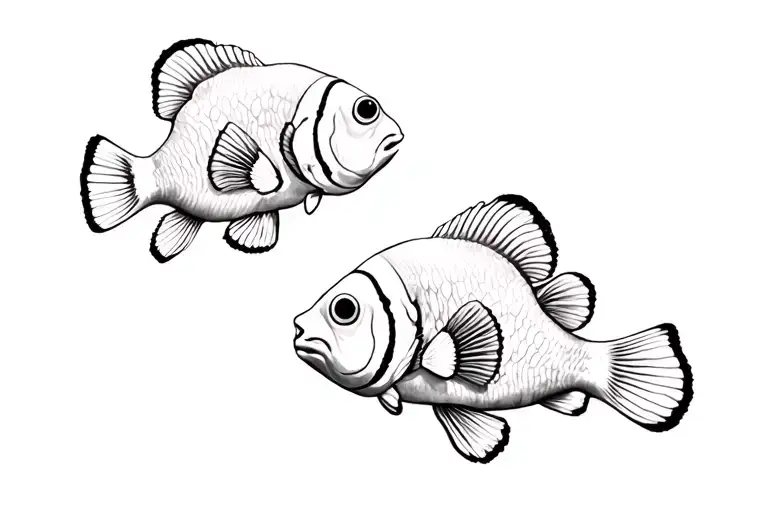 2 clownfish, one big one small, greyscale, not realistic tattoo design idea