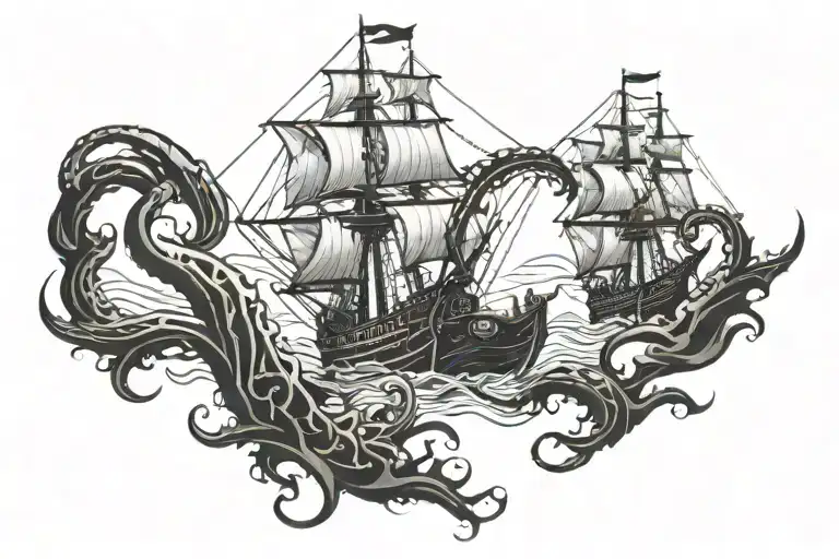 kraken vs pirate ship in a harbour whilst a sea battle happens tattoo design idea