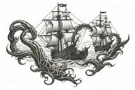 kraken vs pirate ship in a harbour whilst a sea battle happens tattoo design idea