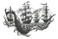 kraken vs pirate ship in a harbour whilst a sea battle happens tattoo design idea