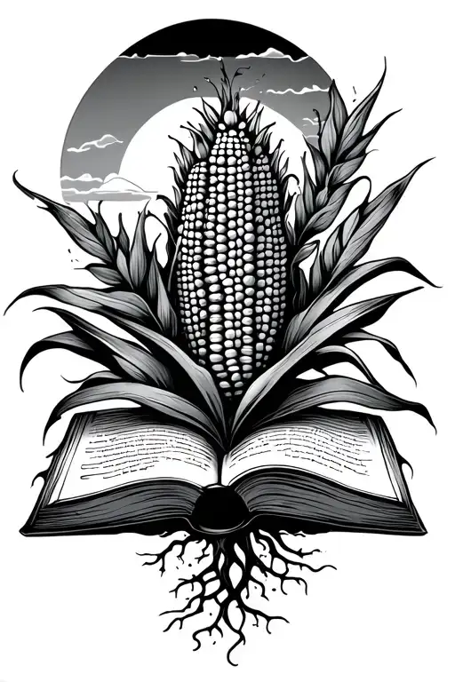 Sun/ Horizon, corn, open book, roots, "find your reason" quote. simple but meaningful tattoo design idea
