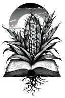 Sun/ Horizon, corn, open book, roots, "find your reason" quote. simple but meaningful tattoo design idea