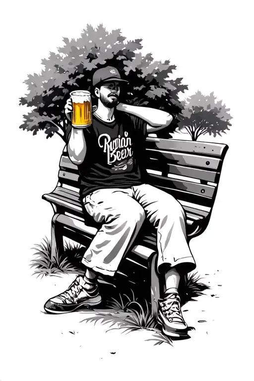 beer can drinking a beer sitting on a park bench tattoo design idea