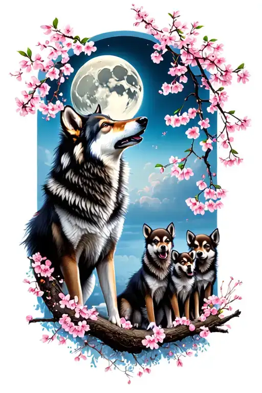 cherry blossoms mixed with momma wolf and 4 pups howling at the moon tattoo design idea