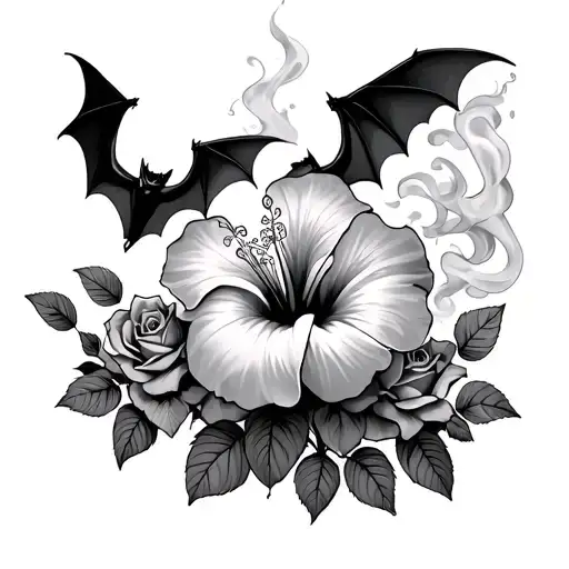 bats flying in smoke and roses mayflowers hibiscus tattoo design idea