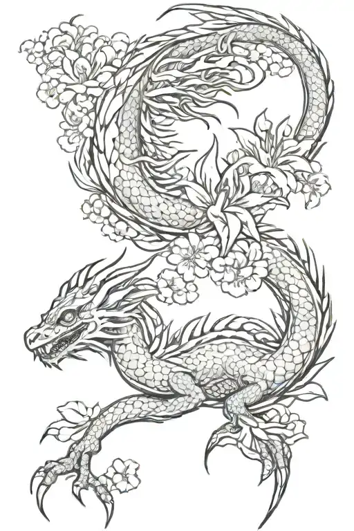 dragon with clouds and spider lilies and cherry blossoms  tattoo design idea
