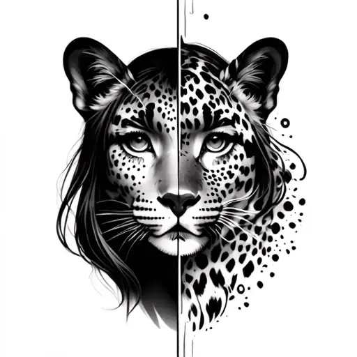 equally split tattoo of half girl face and leopard tattoo design idea