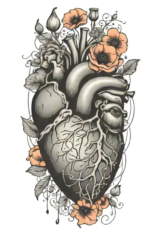 abstract design human heart, poppies, anemones, music, love tattoo design idea