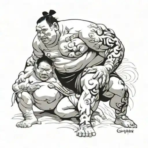 grandfather on top and one sumo wrestler and to wrestlers tattoo design idea