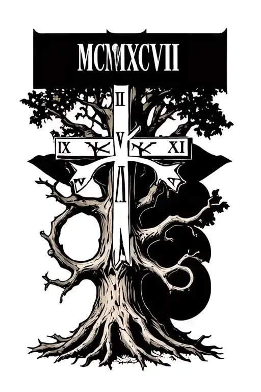 "MCMXCVIII " "MCMXCVIII " Oak tree with roman numerals witha orthodox cross tattoo design idea