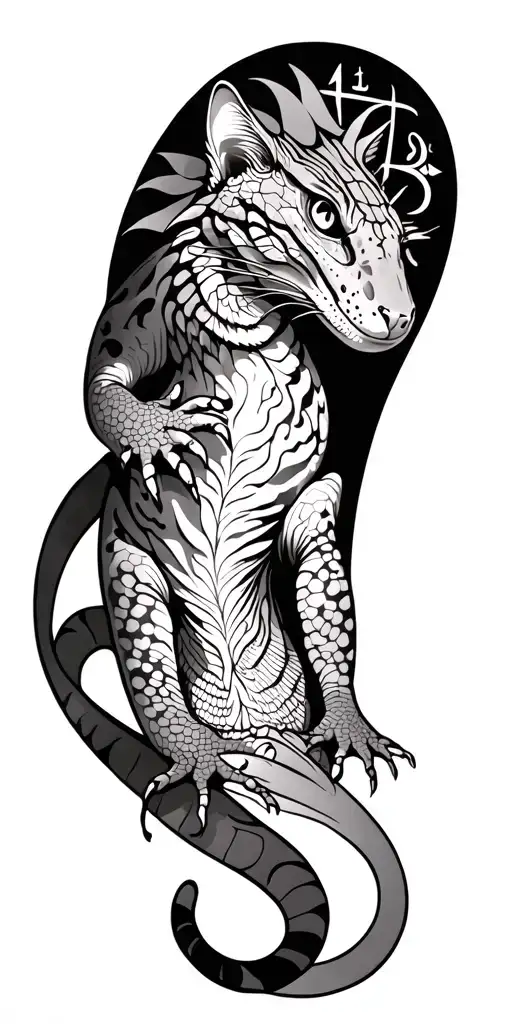 big arm tattoo with a lizard that has cat prints and a gemini sign tattoo design idea