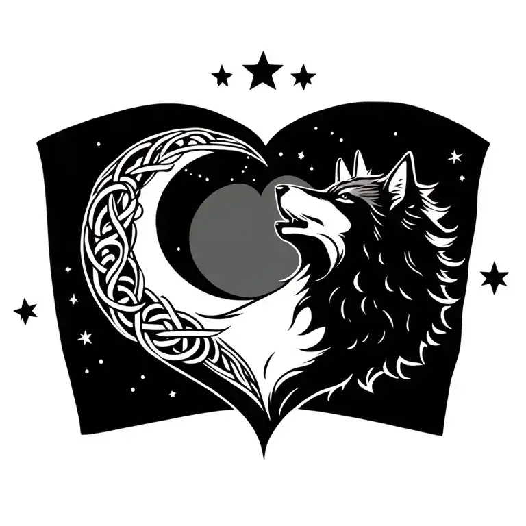 eltic heart knot entwined wolf howling at a moon, surrounded by three stars for children, six smaller stars for grandchi tattoo design idea