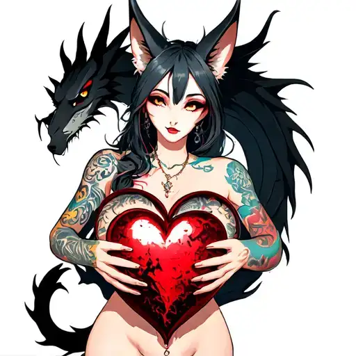 tattooed anime demon fox woman holding a shattered heart with a heart shaped black dragon surround tattoo design idea