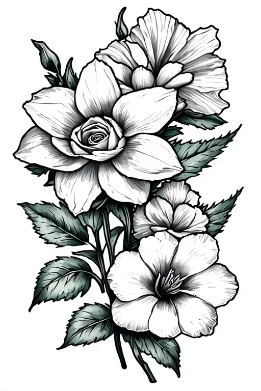 fine line tattoo with daffodil, rose, carnation and morning glory tattoo design idea