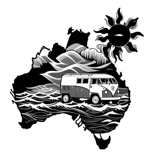 the continent of Australia with the sun, waves and campervan inside tattoo design idea