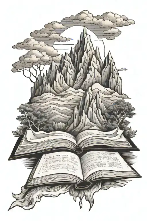 mountains and books in gustav dore style simple  tattoo design idea