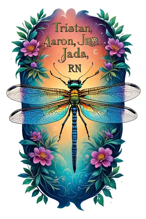"Tristan, Aaron, Jada, RN" dragonfly hovering tattoo design idea