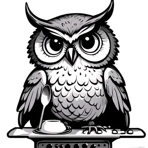 cartoon owl perched on kitchen counter holding a spoon baking tattoo design idea