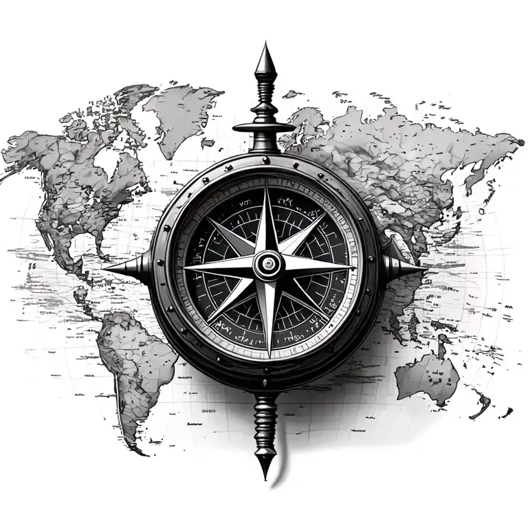 compass with map background black and white tattoo design idea