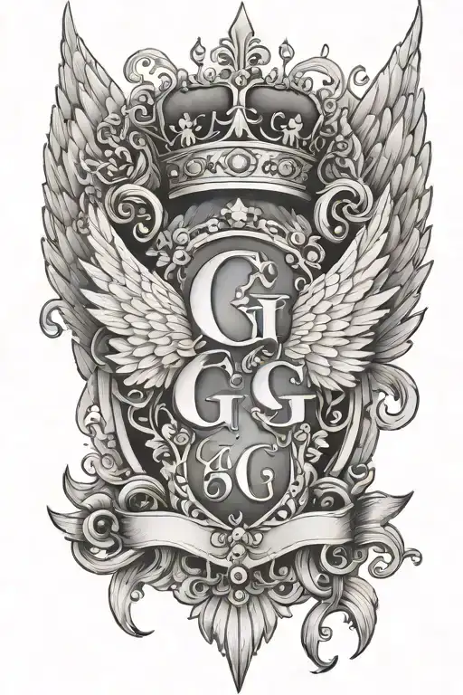  the letters GG with a queens crown on top that has angel wings. the wing for each G tattoo design idea