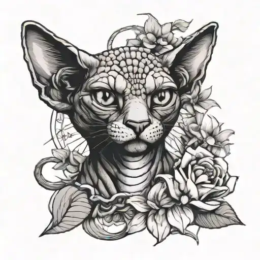 Aggressive snake wrapping around a sphinx cat, flowers in the background, in graphic style tattoo design idea