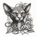 Aggressive snake wrapping around a sphinx cat, flowers in the background, in graphic style tattoo design idea