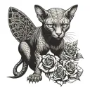 Aggressive snake wrapping around a sphinx cat, flowers in the background, in graphic style tattoo design idea