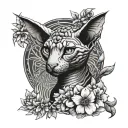 Aggressive snake wrapping around a sphinx cat, flowers in the background, in graphic style tattoo design idea