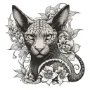 Aggressive snake wrapping around a sphinx cat, flowers in the background, in graphic style tattoo design idea