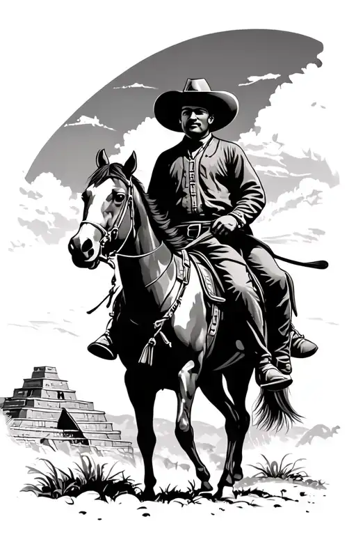 Pancho villa riding a horse in front of monte alban tattoo design idea