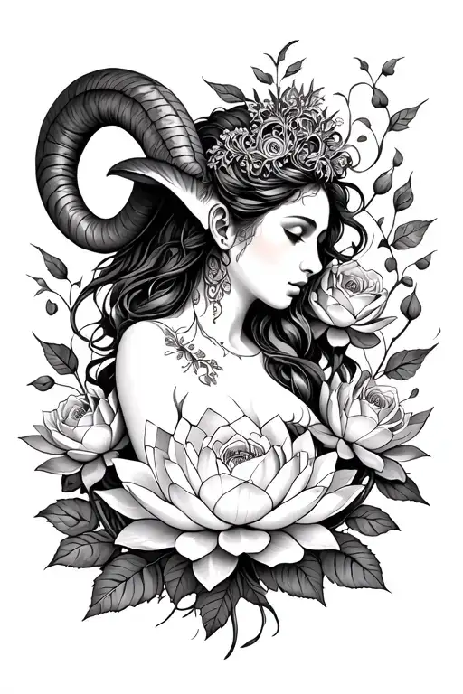 Aries sexy goddess surrounded by lotus and roses flowers growing  tattoo design idea