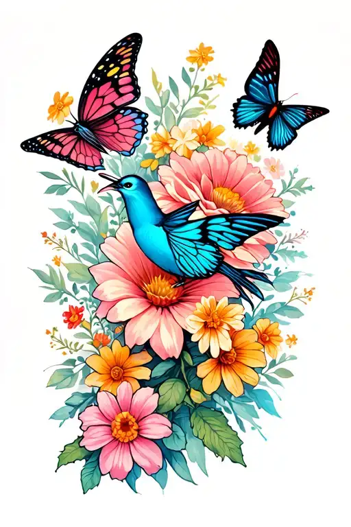 Flowers, butterflies, birds, spikes, plants. Sleeve on the forearm tattoo design idea