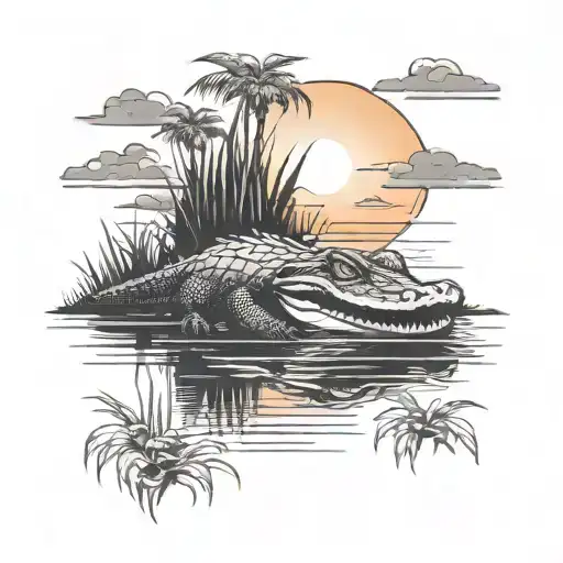 Florida gator in swamp swimming with sunset background  tattoo design idea