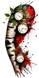 birch branches with hunter green leaves with only three clocks integrated into it for an arm sleeve tattoo design idea