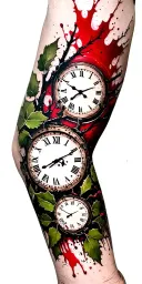 birch branches with hunter green leaves with only three clocks integrated into it for an arm sleeve tattoo design idea