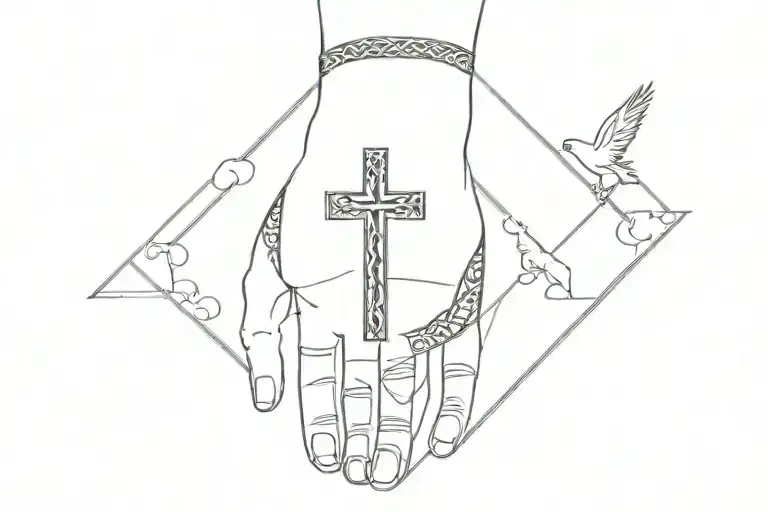 Small black tattoo on the forearm closer to the wrist in Maori and Thai style with an Orthodox cross, Jesus and an eagle tattoo design idea