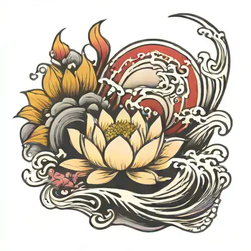 Japanese waves with lotus flower full sleeve tattoo stencil tattoo design idea