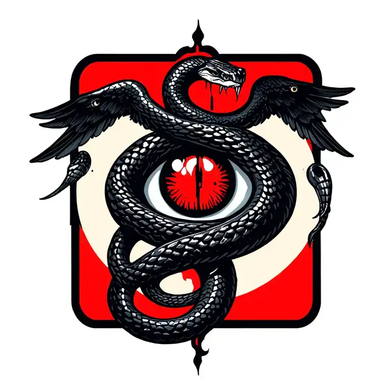 A winged, black snake with the twisted body on itself. It surrounds a unique blood red eye, split vertically. tattoo design idea