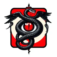 A winged, black snake with the twisted body on itself. It surrounds a unique blood red eye, split vertically. tattoo design idea