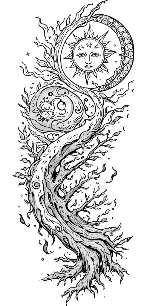 sun and moon,aquarius star, tree and fire tattoo design idea