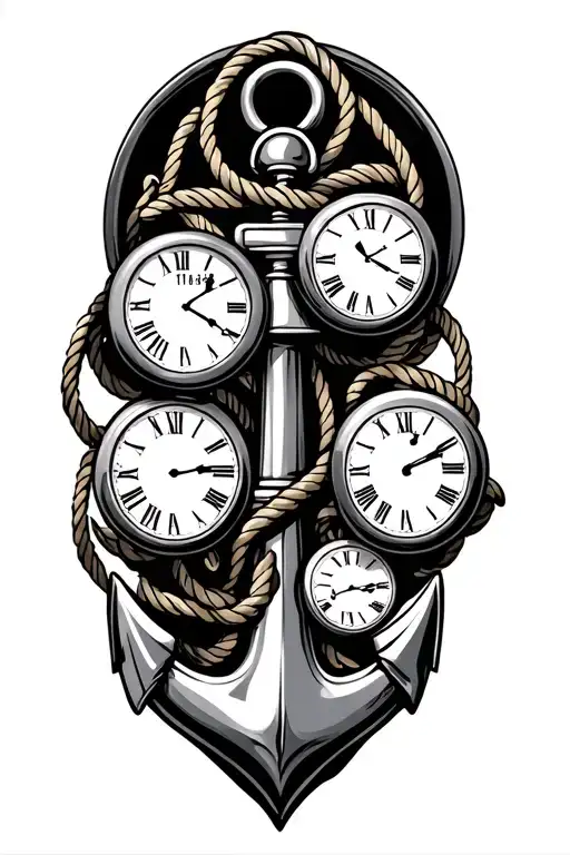 anchor with 3 clocks scattered underneath,  with rope. clocks read 11:24, 4:35, 4:39 in Roman numerals.  tattoo design idea